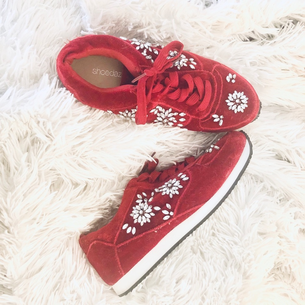 Gorgeous red velvet rhinestone sneakers